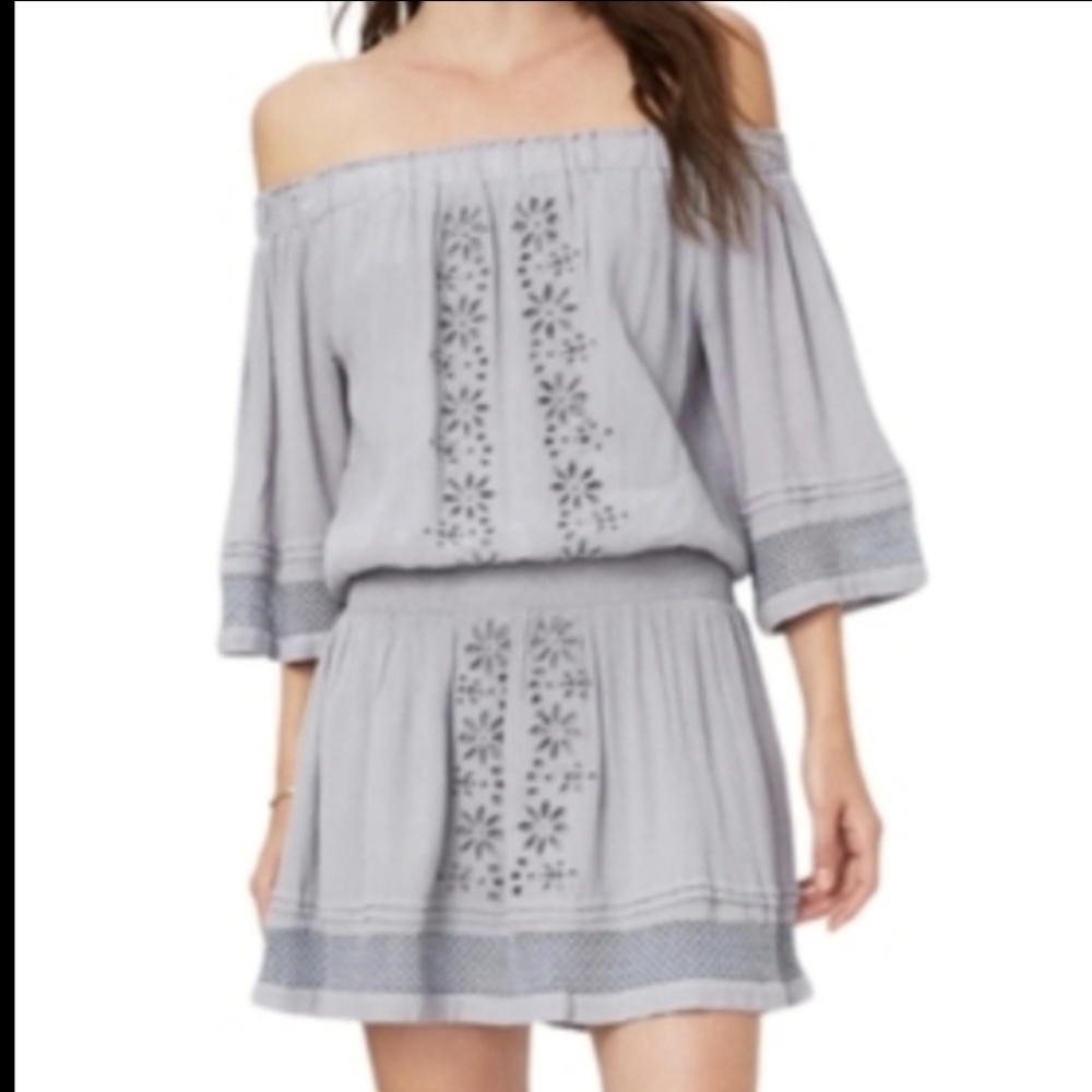 Tularosa Women's Dress Fiona Grey Off Shoulder Boho Eyelet‎ Floral Lace Medium
